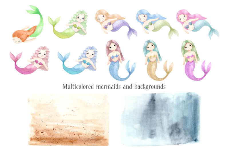 watercolor-mermaids-kids-cliparts-and-pattern
