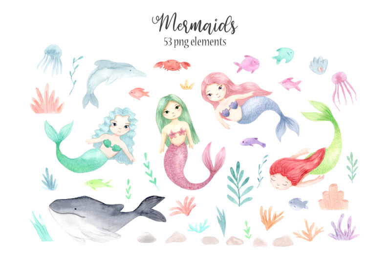 watercolor-mermaids-kids-cliparts-and-pattern