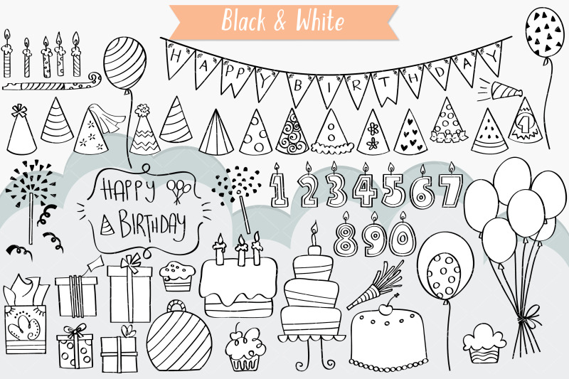 birthday-party-hand-drawn-cakes-candles-balloons-banner