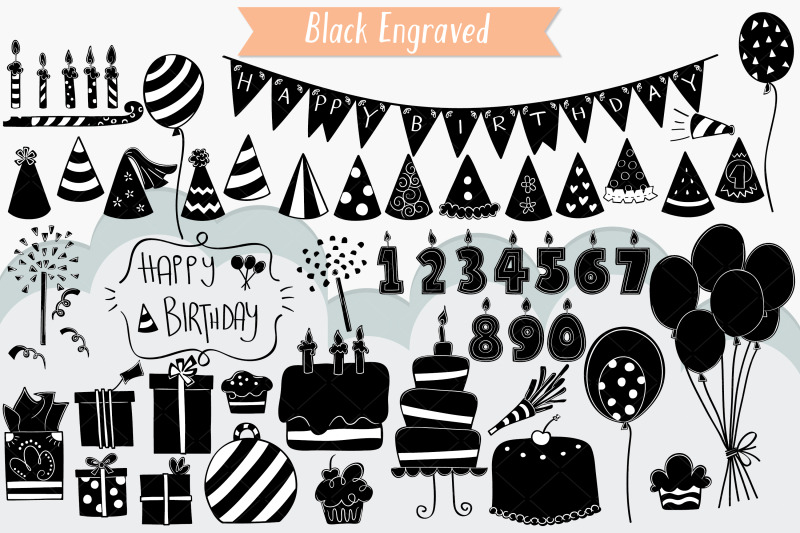 birthday-party-hand-drawn-cakes-candles-balloons-banner