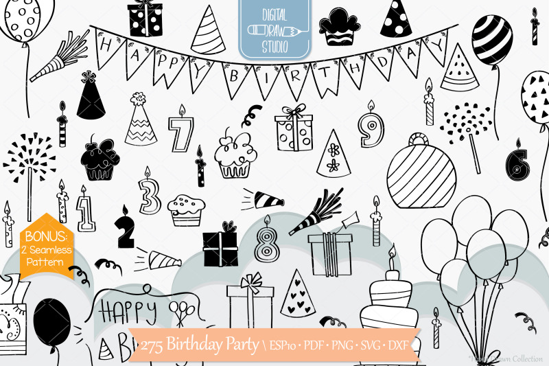 birthday-party-hand-drawn-cakes-candles-balloons-banner