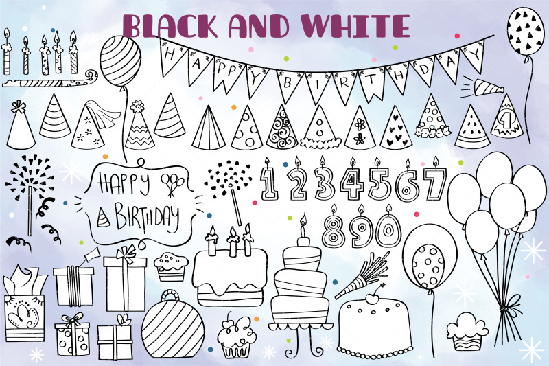 birthday-party-hand-drawn-cakes-candles-balloons-banner
