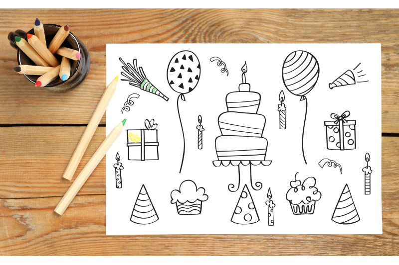 birthday-party-hand-drawn-cakes-candles-balloons-banner