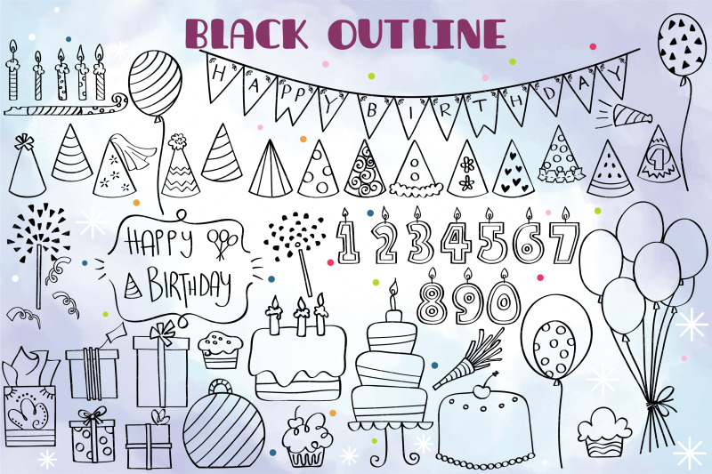 birthday-party-hand-drawn-cakes-candles-balloons-banner