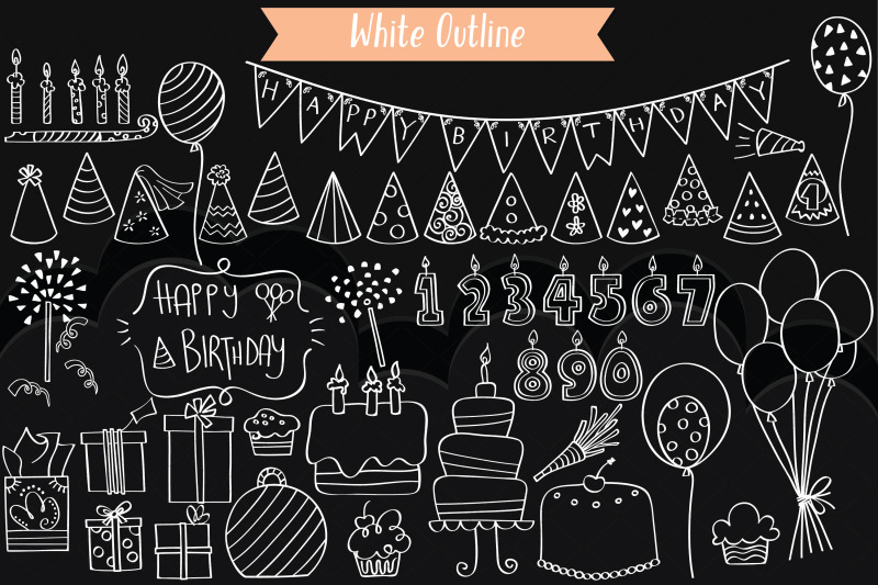 white-birthday-party-hand-drawn-cakes-candles-balloons-banner