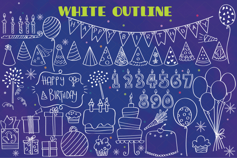 white-birthday-party-hand-drawn-cakes-candles-balloons-banner