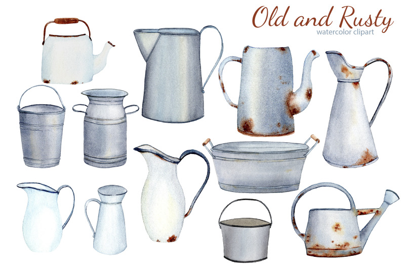 watercolor-rustic-farmhouse-clipart-vintage-french-country-enamelware