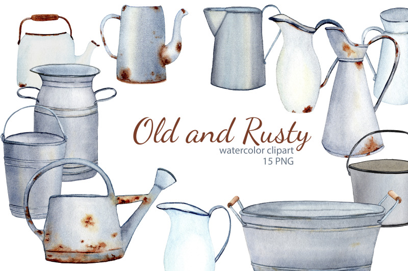 watercolor-rustic-farmhouse-clipart-vintage-french-country-enamelware