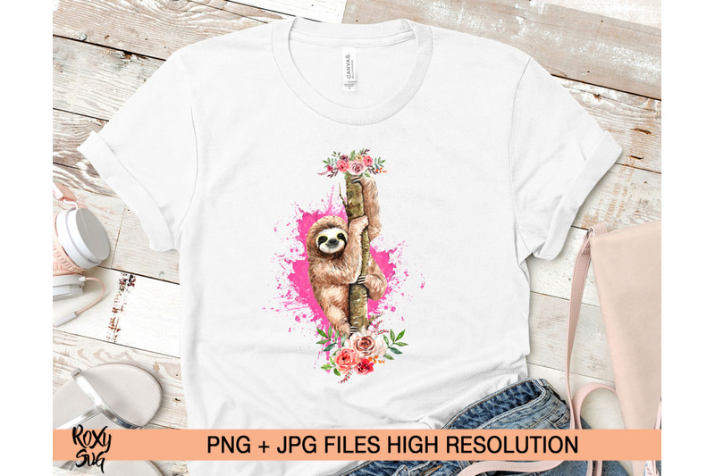 sloth-on-tree-with-flowers-sublimation-designs-downloads-watercolor