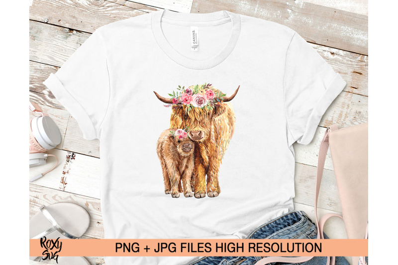 cow-and-calf-with-flower-crown-watercolor-highland-cow