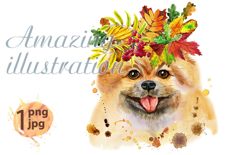 watercolor-portrait-of-dog-pomeranian-spitz-with-wreath-of-leaves