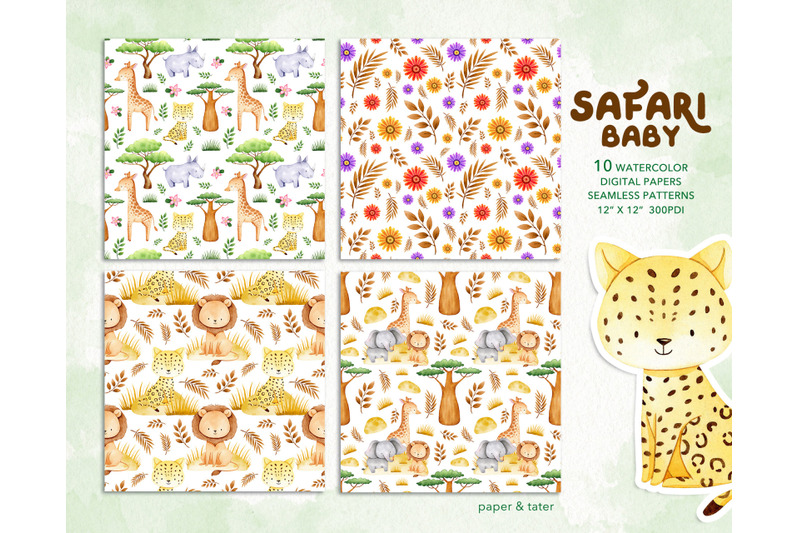 watercolor-safari-baby-animals-digital-papers-seamless-patterns