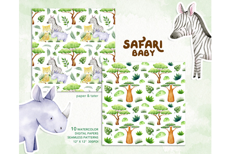 watercolor-safari-baby-animals-digital-papers-seamless-patterns