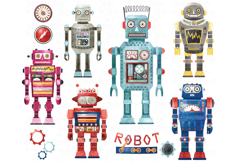 watercolor-retro-robots-collection