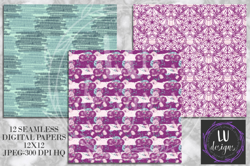 purple-flowers-digital-papers-watercolor-floral-scrapbook-papers