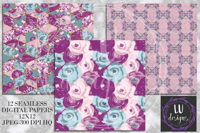 purple-flowers-digital-papers-watercolor-floral-scrapbook-papers