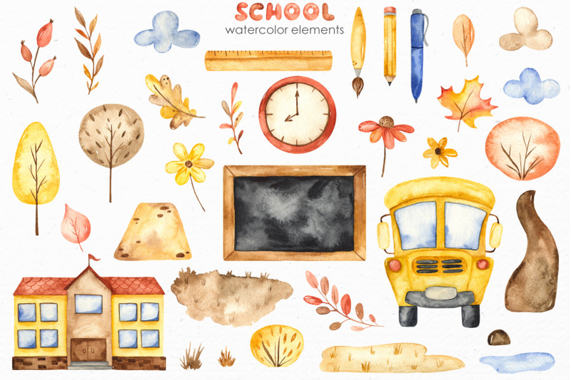 school-watercolor-collection-clipart-cards-patterns