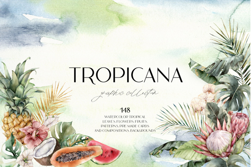tropicana-watercolor-tropical-leaves-flowers-fruits