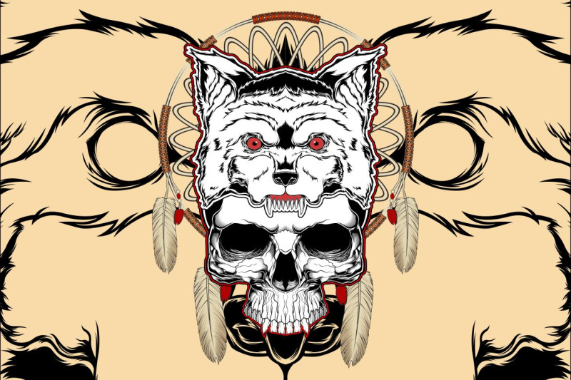 wolf-with-skull-hand-drawing-vector