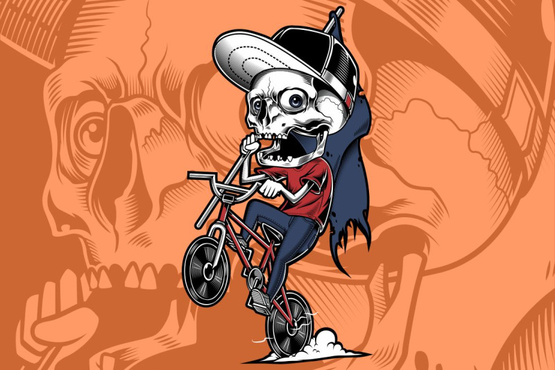 the-skull-of-a-young-man-riding-a-bicycle-holding-a-flag-hand-drawing