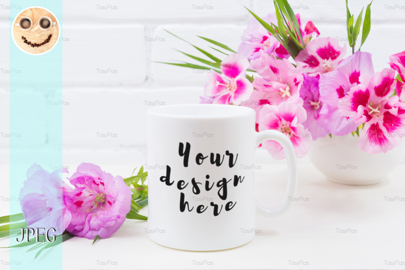 white-coffee-mug-mockup-with-pink-godetia-flowers