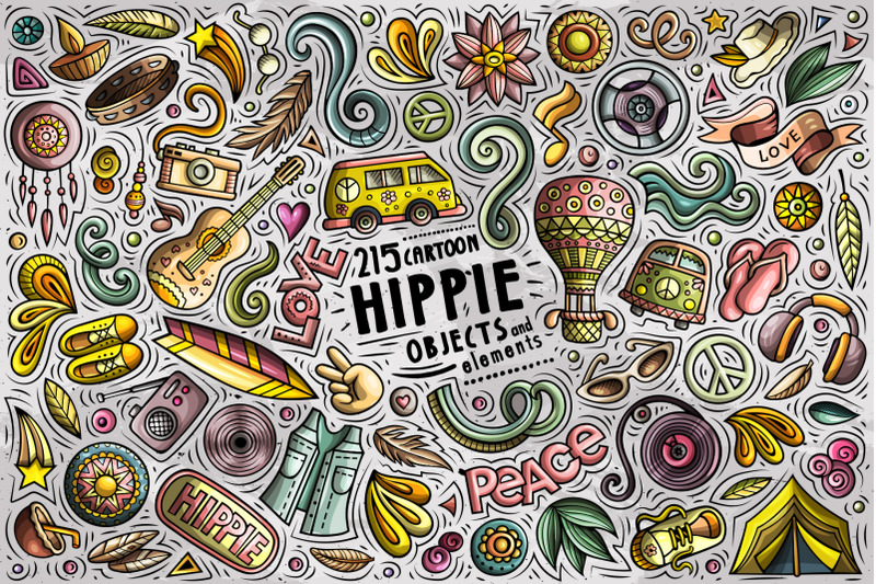 hippie-cartoon-vector-objects-set