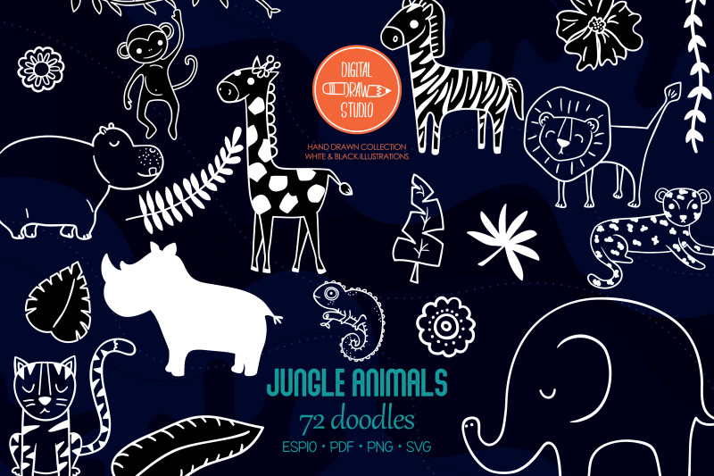 jungle-animals-doodles-hand-drawn-tropical-leaves-white