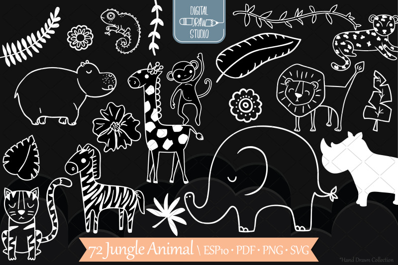 jungle-animals-doodles-hand-drawn-tropical-leaves-white