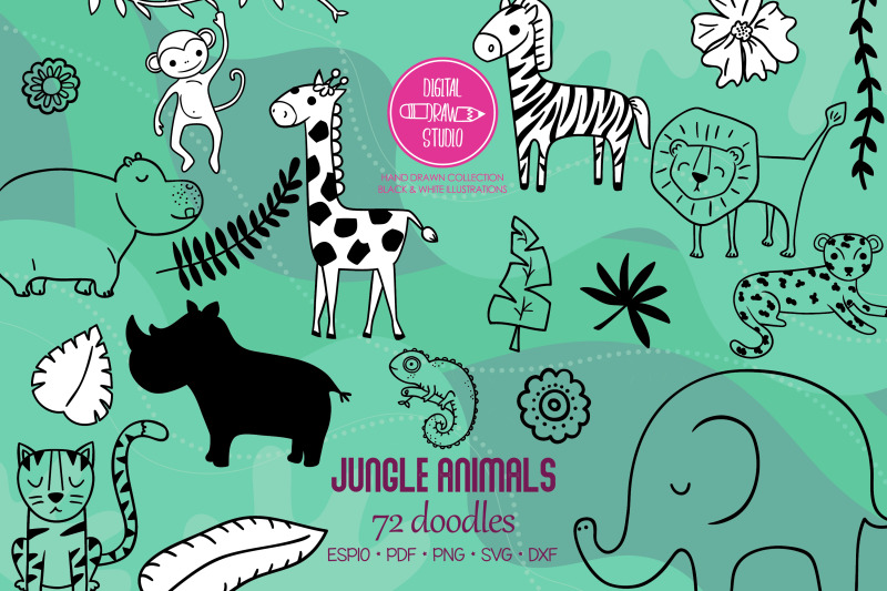 jungle-animals-doodles-hand-drawn-tropical-leaves