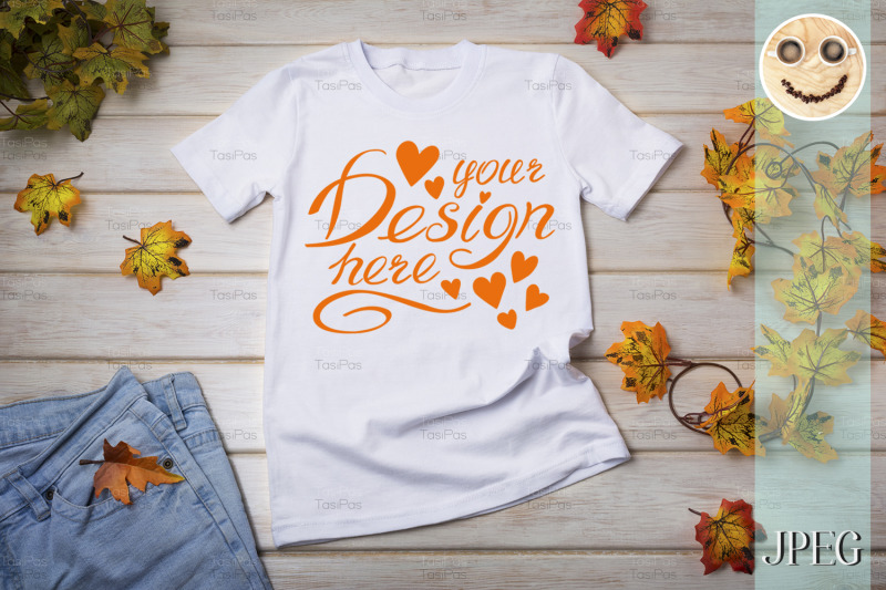unisex-t-shirt-mockup-with-fall-leaves