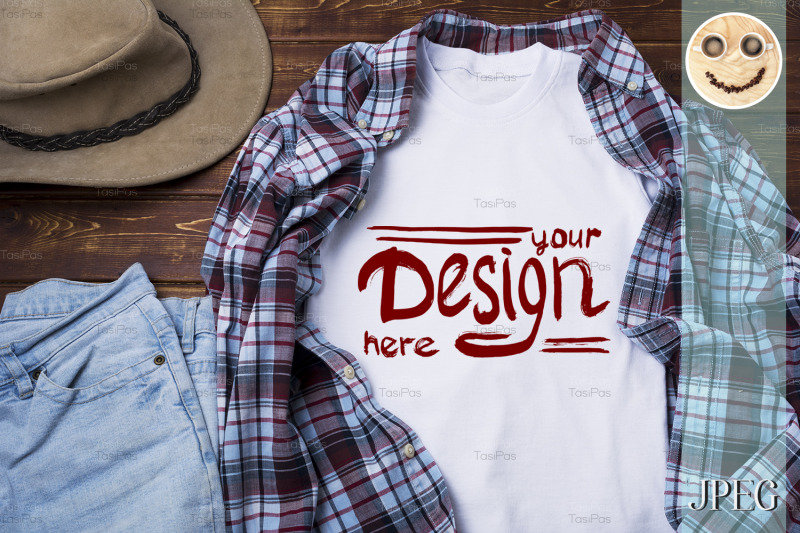 Download Mens T-shirt mockup with plaid shirt and hat. By TasiPas | TheHungryJPEG.com