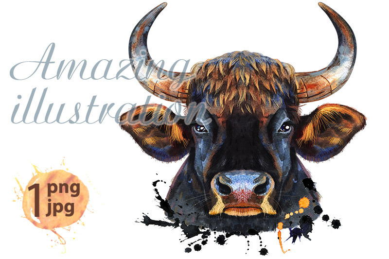 watercolor-illustration-of-black-powerful-bull-with-splashes