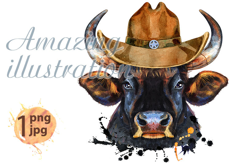 watercolor-illustration-of-black-powerful-bull-in-a-cowboy-hat