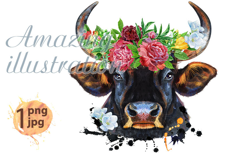 watercolor-illustration-of-black-powerful-bull-in-wreath-of-peonies