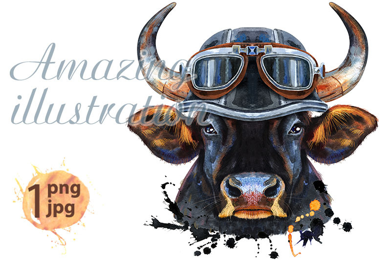 watercolor-illustration-of-black-powerful-bull-in-a-biker-helmet