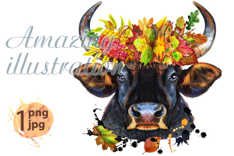 watercolor-illustration-of-black-powerful-bull-in-wreath-of-autumn-lea