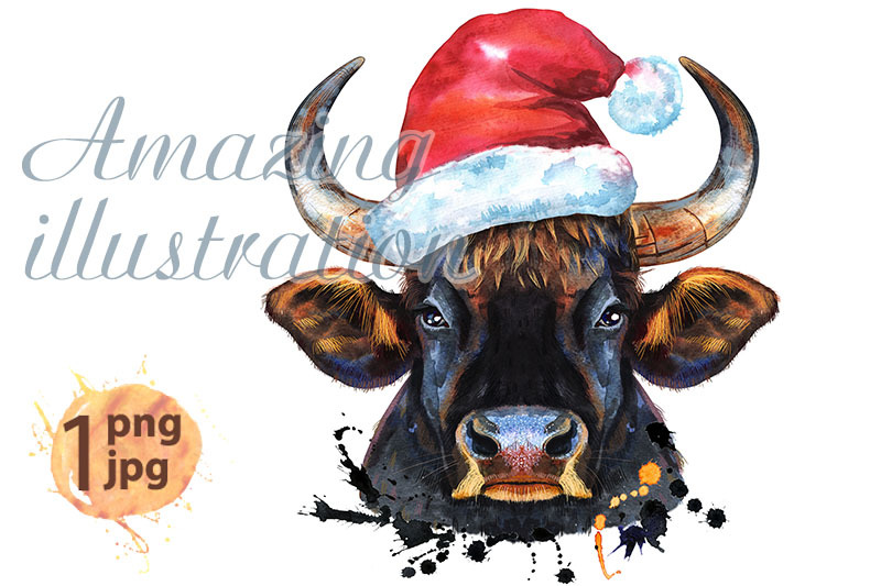 watercolor-illustration-of-black-powerful-bull-in-santa-hat