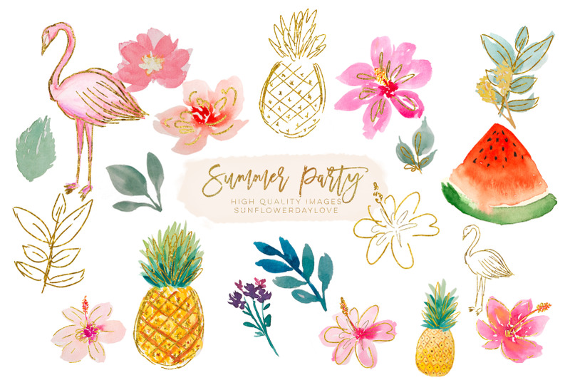 tropical-clip-art-flamingos-watercolor-summer-clipart-set-pineapple