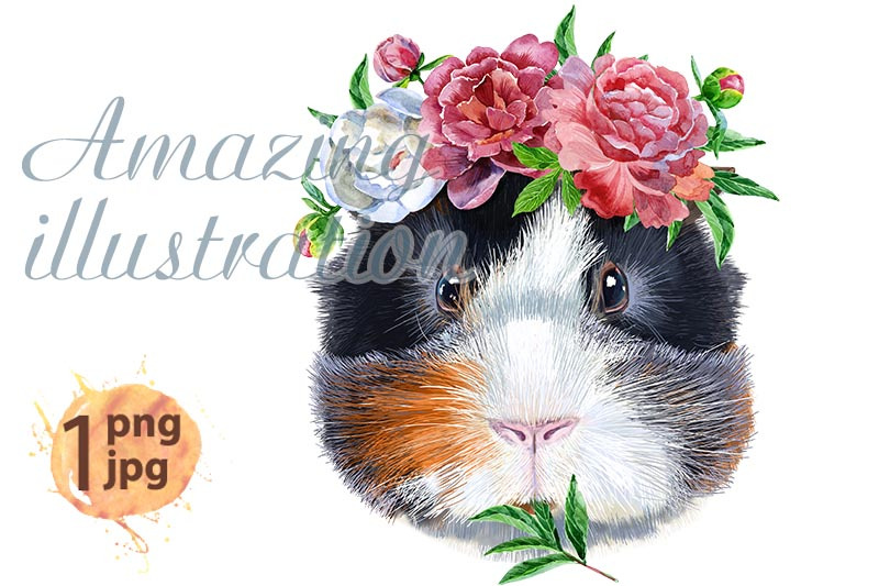 watercolor-portrait-of-abyssinian-guinea-pig-with-flowers