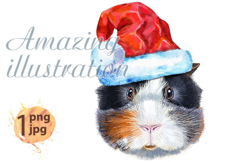 watercolor-portrait-of-abyssinian-guinea-pig-with-santa-hat