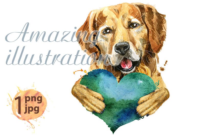 watercolor-portrait-of-golden-retriever-with-green-heart