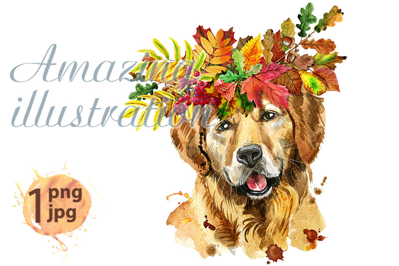watercolor-portrait-of-golden-retriever-with-wreath-of-leaves