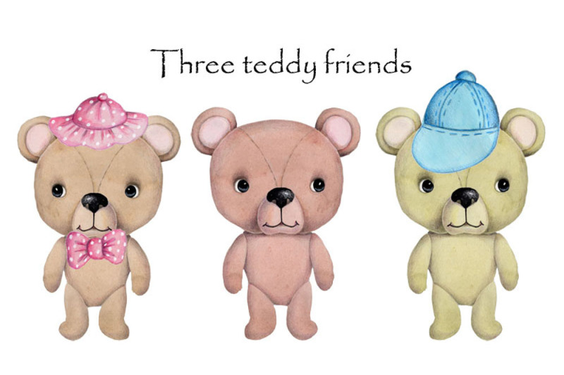 three-teddy-friends-watercolor-illustration