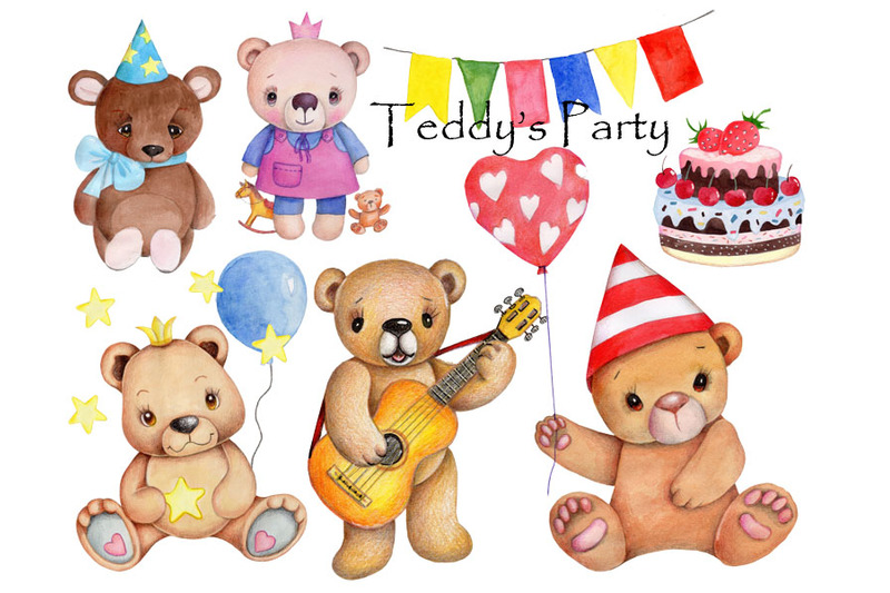 teddy-039-s-party-watercolor-hand-drawn-illustrations