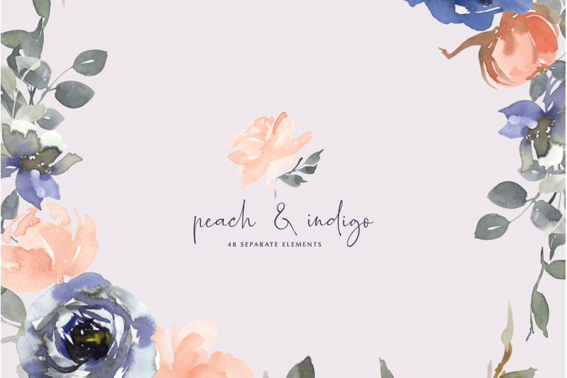 indigo-and-peach-watercolor-floral-clipart-collection