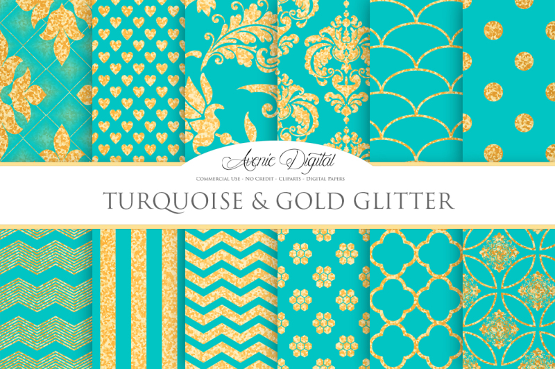 turquoise-and-gold-glitter-papers