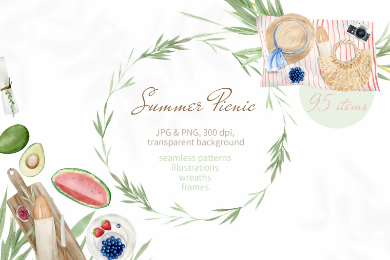 summer-picnic-watercolor-clipart-illustrations-patterns