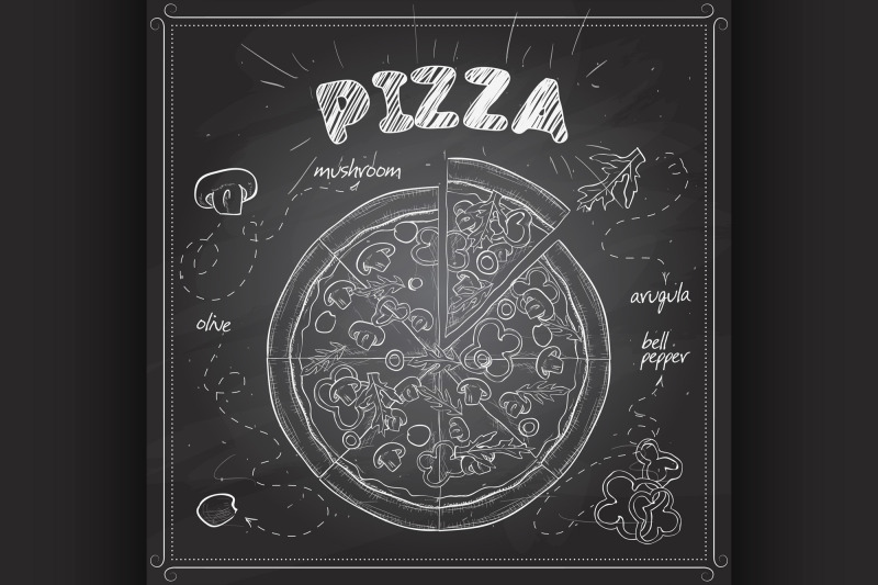 pizza-with-mashrooms-scetch-on-a-black-board