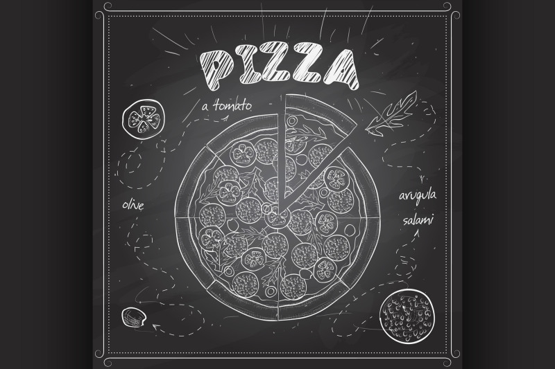 pizza-with-salami-scetch-on-a-black-board