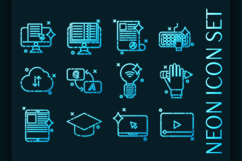 set-of-e-education-blue-glowing-neon-icons